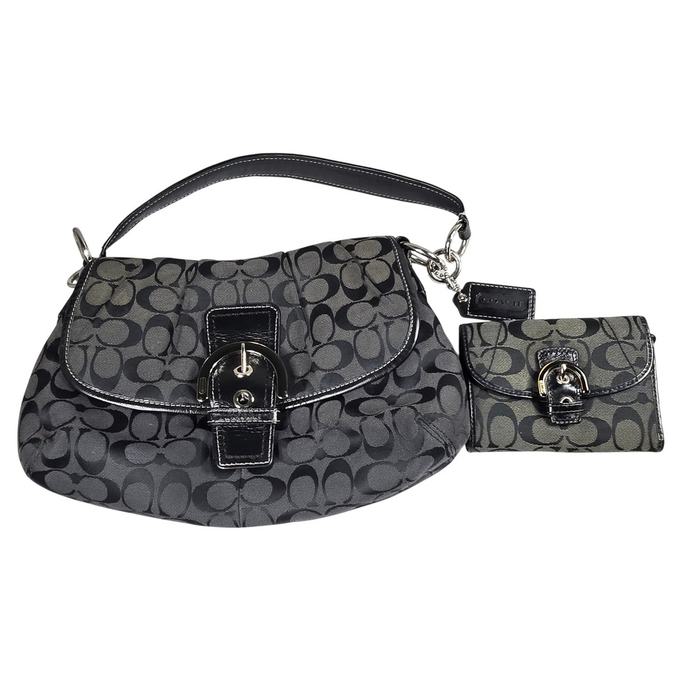 Coach Soho Signature Flap Bag Black Gray F17093 Handbag with Matching Wallet Set